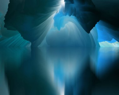 Sihirli dünya. Soyut manzara, gerçeküstü göl ve yansımalar. sanat, yaratıcılık ve hayal gücü. 3d illüstrasyon.