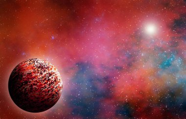 Uzaydan gelen bilinmeyen bir gezegen. Uzay nebulası. Kozmik yıldız kümesi. Dış uzay arkaplanı. 3B Görüntü.