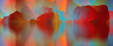 Sihirli dünya. Soyut manzara, gerçeküstü göl ve yansımalar. sanat, yaratıcılık ve hayal gücü. 3d illüstrasyon.