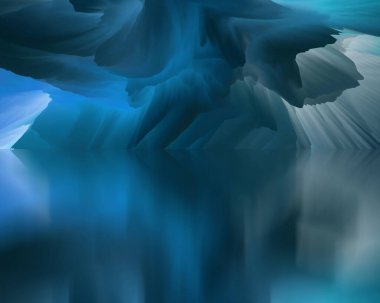 Sihirli dünya. Soyut manzara, gerçeküstü göl ve yansımalar. sanat, yaratıcılık ve hayal gücü. 3d illüstrasyon.