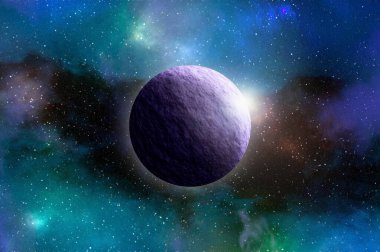 Uzaydan gelen bilinmeyen bir gezegen. Uzay nebulası. Kozmik yıldız kümesi. Dış uzay arkaplanı. 3B Görüntü.