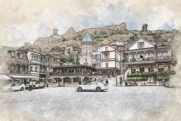 Sketch Illustration Beautiful View Traditional European Urban Architecture Tbilisi Capital — Stock Photo, Image