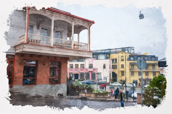 Watercolor Illustration Beautiful View Traditional European Urban Architecture Tbilisi Capital — ストック写真