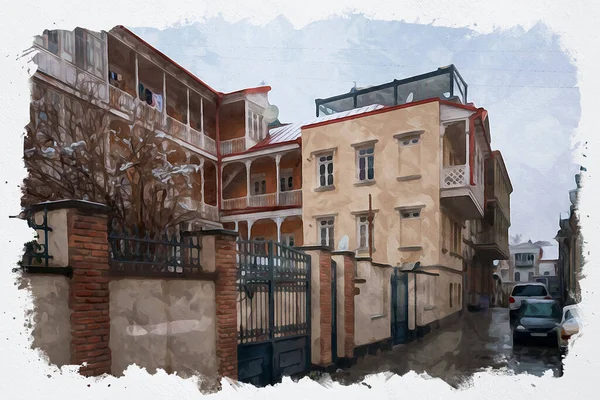 Tiflis Teki Geleneksel Avrupa Kentsel Mimarisinin Güzel Bir Manzarasının Suluboya — Stok fotoğraf