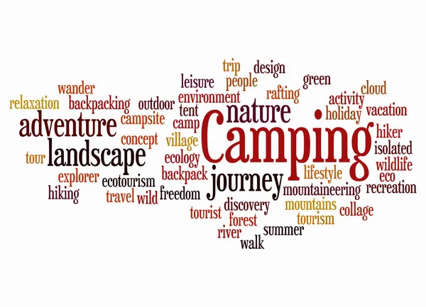 带有Camping概念的Word Cloud只使用文本创建 — 图库照片