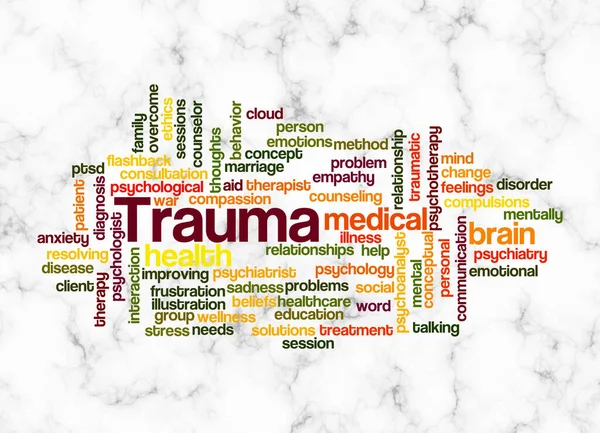 带有Trauma概念的Word Cloud只使用文本创建 — 图库照片