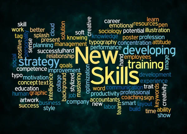 Yeni Skills Kavramına Sahip Kelime Bulutu Sadece Metin Ile Oluşturulur — Stok fotoğraf