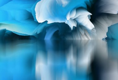 Sihirli dünya. Soyut manzara, gerçeküstü göl ve yansımalar. sanat, yaratıcılık ve hayal gücü. 3d illüstrasyon.