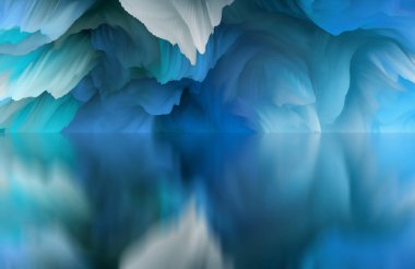 Sihirli dünya. Soyut manzara, gerçeküstü göl ve yansımalar. sanat, yaratıcılık ve hayal gücü. 3d illüstrasyon.