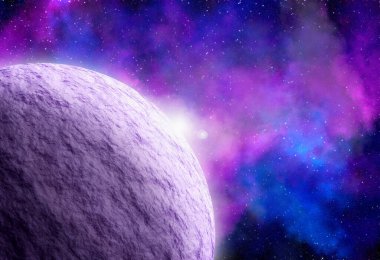 Uzaydan gelen bilinmeyen bir gezegen. Uzay nebulası. Kozmik yıldız kümesi. Dış uzay arkaplanı. 3B Görüntü.