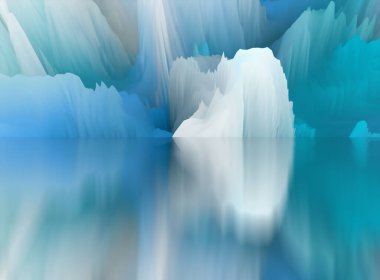 Sihirli dünya. Soyut manzara, gerçeküstü göl ve yansımalar. sanat, yaratıcılık ve hayal gücü. 3d illüstrasyon.