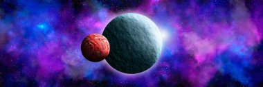 Uzaydan gelen bilinmeyen bir gezegen. Uzay nebulası. Kozmik yıldız kümesi. Dış uzay arkaplanı. 3B Görüntü.