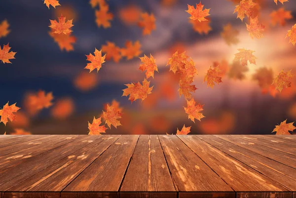 Paisagem Outono Embaçada Idílica Com Folhas Outono Mesa Madeira Vazia — Fotografia de Stock