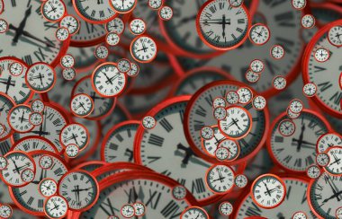 Büyük antika saat yüzleri. Zamanın dokusu, zarif koleksiyon. 3d illüstrasyon.