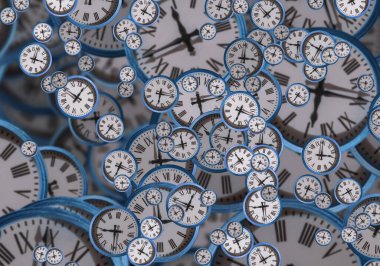 Büyük antika saat yüzleri. Zamanın dokusu, zarif koleksiyon. 3d illüstrasyon.