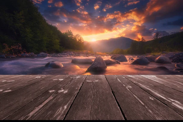 Fast Mountain River Flowing Empty Wooden Batten Bridge Natural Template — Stock Photo, Image