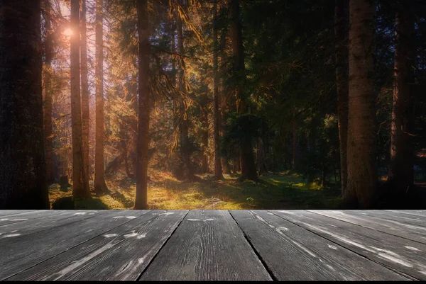 Bellissimo Fiume Foresta Tavolo Legno Vuoto Paesaggio Modello Naturale — Foto Stock