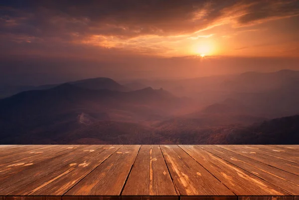 Autumn sunset landscape, with empty wooden table, nature outdoor.