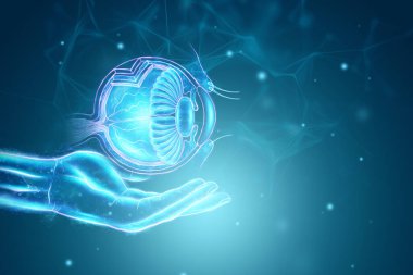 Tıbbi göstergeleri olan gerçekçi insan gözü hologramı. Görüş konsepti, lazer göz ameliyatı, katerakt, ostegmatizm, modern göz doktoru. 3B illüstrasyon, 3B canlandırma.