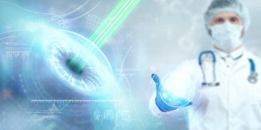 Lazer göz ameliyatı, insan gözü hologramı ve lazer ışını. Doktor ameliyatı gerçekleştirir. Göz cerrahisi, katerakt, ostegmatizm, modern göz doktoru.