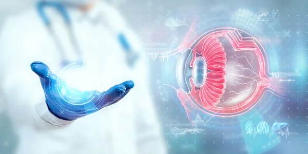 Realistic Human Eye Hologram Doctor Hand Checking Vision Concept Healthcare — Stock Photo, Image