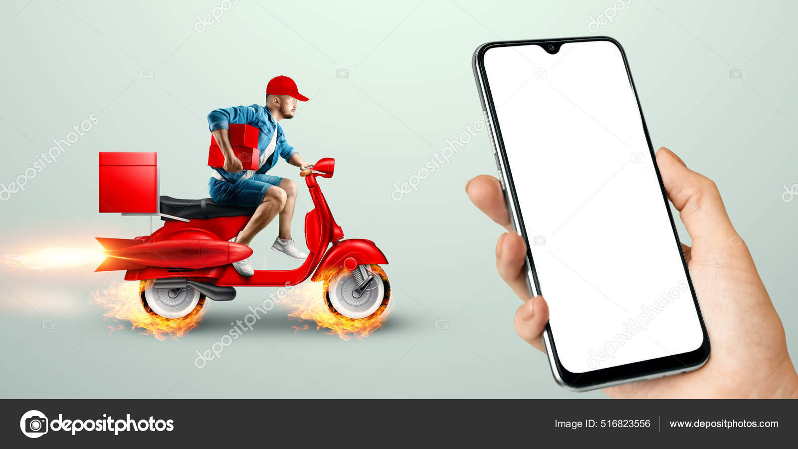 Смартфон Руке Быстрый Курьер Красном Скутере Концепция Доставки.