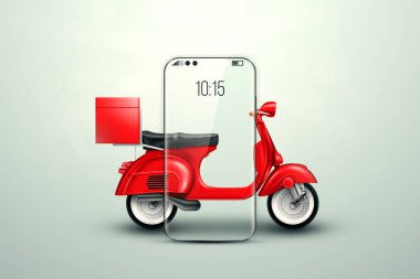 Kırmızı scooter arka planda akıllı telefondan çıkıyor. Teslimat konsepti, online sipariş, yemek teslimatı, son mil. 3B illüstrasyon, 3B canlandırma