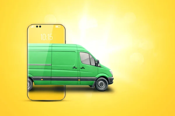 Smartphone Minibus Vert Sur Fond Jaune Concept Livraison Commande Ligne — Photo