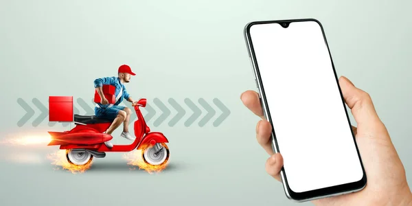 Smartphone Mão Homem Entrega Rápida Uma Scooter Vermelho Conceito Entrega — Fotografia de Stock