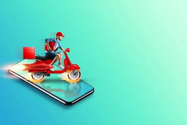 Hızlı Teslimat Scooter Akıllı Telefondan Kalkıyor Teslimat Konsepti Online Sipariş — Stok fotoğraf