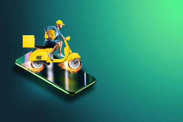The Fast Delivery Scooter rides out of the smartphone. Delivery concept, online ordering, food delivery, last mile, template, banner. 3D illustration, 3D render