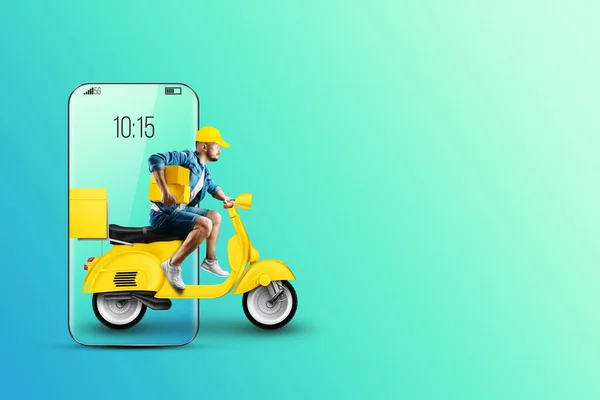 The Fast Delivery Scooter rides out of the smartphone. Delivery concept, online ordering, food delivery, last mile, template, banner. 3D illustration, 3D render