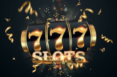 Slotlar yaratıcı arka plan, Slot makinesinde Şanslı 7-7-7-7-7, koyu altın rengi. Kumarhane konsepti, şans, kumar, ikramiye. 3B görüntüleme, 3B illüstrasyon