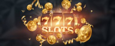Slotlar yaratıcı arka plan, Slot makinesinde Şanslı 7-7-7-7-7, koyu altın rengi. Kumarhane konsepti, şans, kumar, ikramiye, afiş, şablon, site başlığı. 3B görüntüleme, 3B illüstrasyon