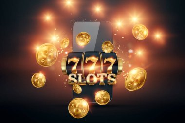 Çevrimiçi kumarhane, kumar makineli akıllı telefon, büyük ikramiye ve altın sikkeler. Online Slotlar, Lucky Seven 777, Dark Gold Style. Şans konsepti, kumar, ikramiye, bayrak
