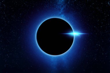 Samanyolu ve yıldızların arka planına karşı kara delik, süper kütleli bir tekillik. Uzay, bilim, galaktik çekirdek, bir yıldızın ölümü, parlayan plazma. 3B illüstrasyon, 3B canlandırma