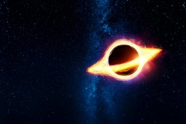 Samanyolu 'nun arka planında yığılma diski olan bir kara delik, süper kütleli bir tekillik. Uzay, bilim, galaktik çekirdek, bir yıldızın ölümü, parlayan plazma. 3B illüstrasyon, 3B canlandırma