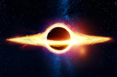 Samanyolu 'nun arka planında yığılma diski olan bir kara delik, süper kütleli bir tekillik. Uzay, bilim, galaktik çekirdek, bir yıldızın ölümü, parlayan plazma. 3B illüstrasyon, 3B canlandırma