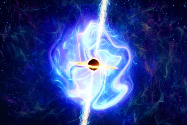 초대질량 특이점인 은하의 배경에 블랙홀입니다 빛나는 플라스마 렌더링 — 스톡 사진