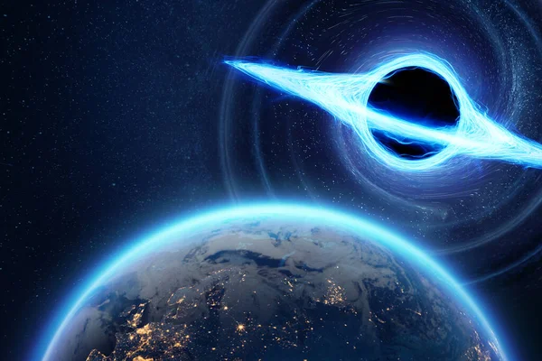 Černá Díra Akrečním Diskem Pozadí Země Katastrofa Vesmír Věda Galaktické — Stock fotografie