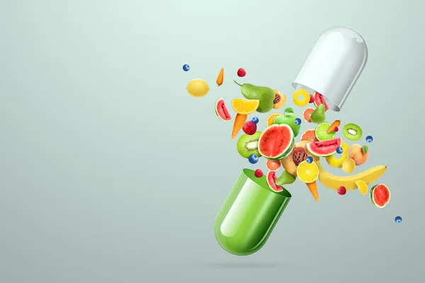 中に果物と薬用カプセルや栄養錠剤の形で食品サプリメント 代替医療 ビタミン 自然障害 ホメオパシー 3Dイラスト 3Dレンダリング — ストック写真