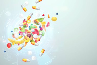 İlaç kapsülü şeklinde gıda takviyesi ve içinde meyve olan besin tabletleri. Alternatif tıp, vitaminler, naturopati, sağlık, homeopati. 3B illüstrasyon, 3B canlandırma