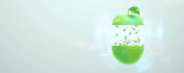 緑のリンゴの中の薬用カプセルの形で食品サプリメント 代替医療 ビタミン 自然障害 ホメオパシー 3Dイラスト 3Dレンダリング — ストック写真
