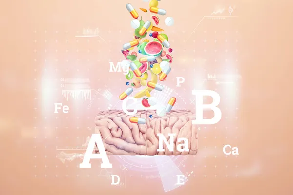 医療用カプセルの形でビタミンや栄養補助食品は 脳に直接落ちます 正しい食事療法 食事療法 代替医療 ビタミン 3Dイラスト 3Dレンダリング — ストック写真