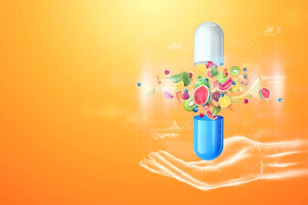 Laç Kapsülü Şeklinde Gıda Takviyesi Içinde Meyve Olan Besin Tabletleri — Stok fotoğraf