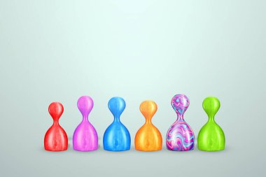 Açık arkaplanda farklı formatlarda çok renkli piyonlar. Konsept kapsayıcılık, eşsizlik, yaratıcılık. Uzayı kopyala, 3 boyutlu görüntüleme, 3 boyutlu resimleme