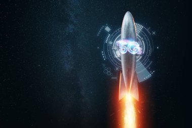 Yaratıcı arka plan, 5G roket mobil teknolojisi. 5G ağ konsepti, yüksek hızlı mobil internet, yeni nesil ağlar. Karışık ortam