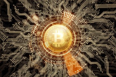 Yaratıcı arka plan, mikro devrelerin arka planında altın para, elektronik para. Engelleme zinciri transfer konsepti, kripto para birimi, veri şifreleme. Karışık medya. 3B görüntüleme, 3B illüstrasyon