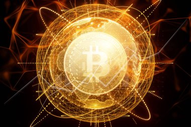 Yaratıcı altyapı, bitcoin altın para, elektronik para. Engelleme zinciri transfer konsepti, kripto para birimi, veri şifreleme. Karışık ortam