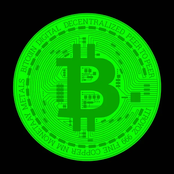 Hologram Groene Bitcoin Munt Zwarte Achtergrond Isoleren Creatieve Achtergrond Cryptogeld — Stockfoto